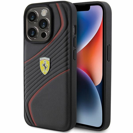 Ferrari Twist Metal Logo Hülle für iPhone 15 Pro – Schwarz