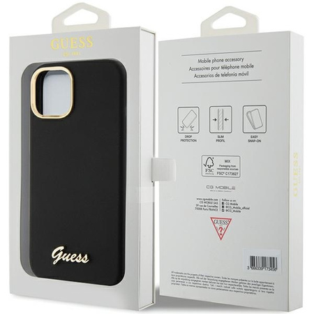 Guess Silicone Script Metal Logo &amp; Frame case for iPhone 15 - black