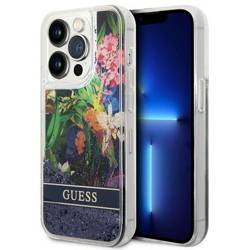 Etui IPHONE 14 PRO Guess Hardcase Flower Liquid Glitter niebieskie