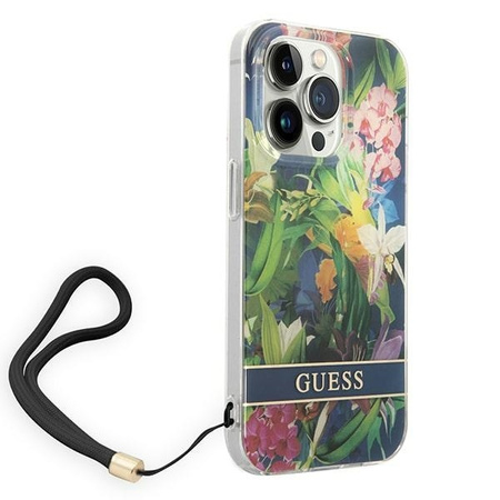 Original Handyhülle IPHONE 14 PRO Guess Hardcase Flower Strap (GUOHCP14LHFLSB) blau