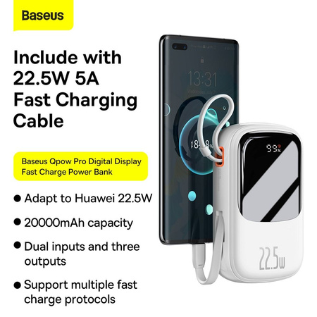 Powerbank Baseus Qpow PRO with cable, 20000mAh, 22.5W (White)