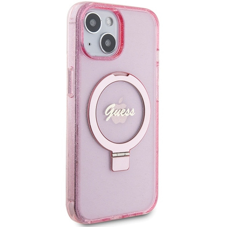 Guess Ring Stand Script Glitter MagSafe-Hülle für iPhone 15 Plus / 14 Plus – Rosa