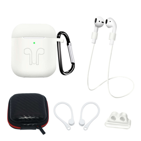 Zestaw silikonowe etui AirPods 2 / AirPods 1 + futerał / zaczep na ucho / pasek na szyję / uchwyt na pasek zegarka / karabińczyk - białe