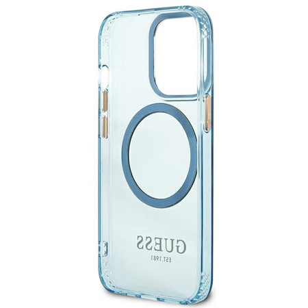 Original Case IPHONE 13 PRO Guess Hard Case Gold Outline Translucent MagSafe (GUHMP13LHTCMB) blue