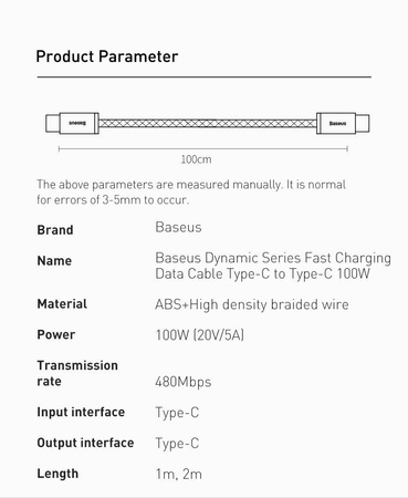 Baseus Dynamic Series Fast Charging Data Cable Type-C to Type-C 100W 1m Slate Gray