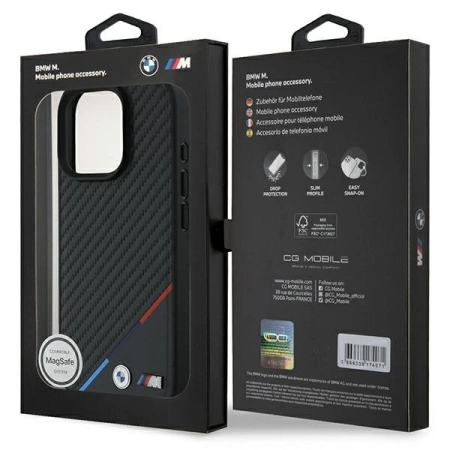 Etui BMW M Carbon Tricolor Line MagSafe na iPhone 16 Pro Max - czarne