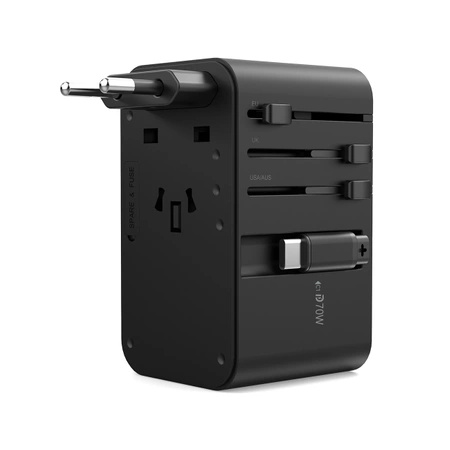 Choetech PD5022 70W EU/US/AUS/UK Travel Adapter with Built-in USB-C Cable - Black