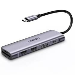 UGREEN CM195 Hub adapter 6 in 1 USB-C to 2x USB 3.0, HDMI, SD/microSD, 100W (gray)