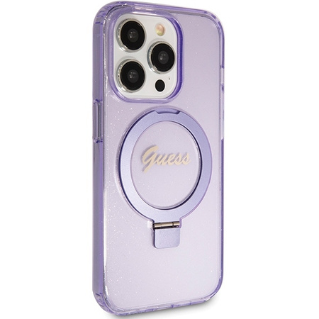 Guess Ring Stand Script Glitter MagSafe case for iPhone 15 Pro Max - purple