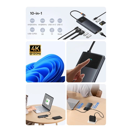 HUB 10in1 Baseus Metal Gleam Series USB-C to USB-C PD / USB-C / 3x USB-A / 2x HDMI / RJ-45 / SD / TF - black