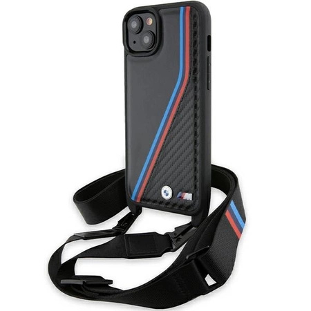 BMW M Edition Carbon Tricolor Lines &amp; Strap Hülle für iPhone 15 Plus / 14 Plus – Schwarz