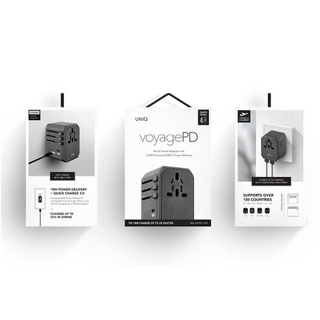 Uniq Load. network. Voyage World Adapter 33W + 2xUSB + PD 18W + QC 3.0 grey/charcoal gray (LITHOS Collective)