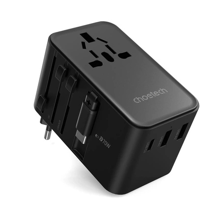 Choetech PD5022 70W EU/US/AUS/UK Travel Adapter with Built-in USB-C Cable - Black