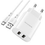 Borofone Ładowarka sieciowa BN2 Super - 2xUSB - 2,1A z kablem USB na Typ C biała