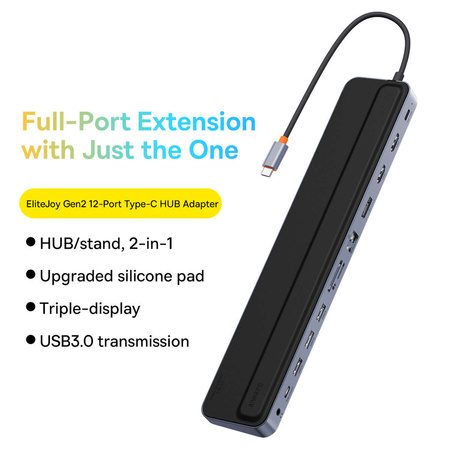 Baseus EliteJoy Gen2 uniwersalny HUB USB 12w1 z kablem USB-C 25cm podstawka pod notebook USB-A / USB-C / DP / HDMI / SD / TF / RJ45 / 3,5mm jack / PD 100W szary (WKSX030213)