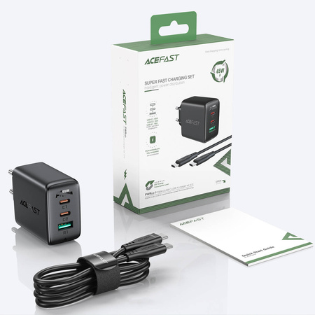 Acefast 2in1 charger 2x USB Type C / USB 65W, PD, QC 3.0, AFC, FCP (set with cable) black (A13 black)