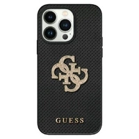 Guess Lederhülle mit perforiertem 4G-Glitzer-Logo für iPhone 15 – Schwarz