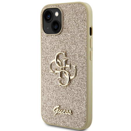 Guess Glitter Script Big 4G Hülle für iPhone 15 – Gold