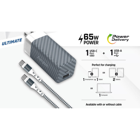 Energizer Ultimate - Ładowarka sieciowa Multiplug EU / UK / US GaN USB-C & USB-A 65W PD + Kabel USB-C (Czarny)