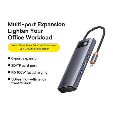 Baseus Metal Gleam Series 6 in 1 HUB Docking Station USB Type C - 3 x USB 3.2 Gen.1 / 1 x Power Delivery / 1 x SD Card Reader / 1 x TF Card Reader Gray (WKWG030213)