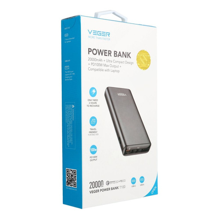 Bateria zewnętrzna (Powerbank) VEGER T100 - 20 000mAh LCD Quick Charge PD 100W czarny (np do laptopa) (W2032C-100)