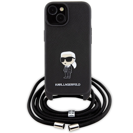 Karl Lagerfeld Crossbody Saffiano Monogram Metal Pin Karl &amp; Choupette Case for iPhone 15 - Black