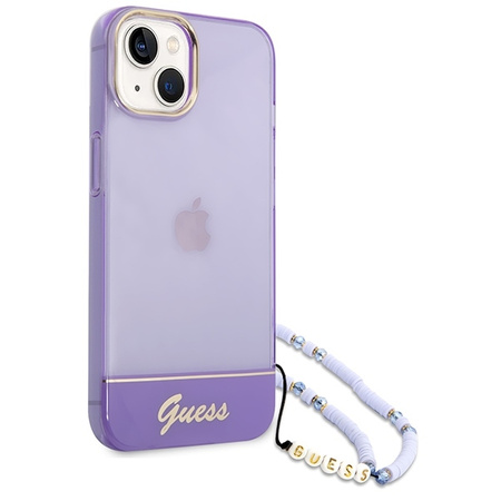 Oryginalne Etui IPHONE 14 PLUS Guess Hardcase Translucent Pearl Strap fioletowe