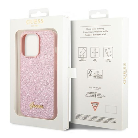 Guess Glitter Flakes Metal Logo Case – Etui iPhone 14 Pro Max (różowy)