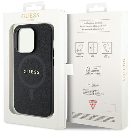 Original Handyhülle IPHONE 14 PRO MAX Guess Hardcase Saffiano MagSafe (GUHMP14XPSAHMCK) schwarz