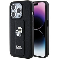 Karl Lagerfeld Gripstand Saffiano Karl&amp;Choupette Pins case for iPhone 15 Pro Max - black