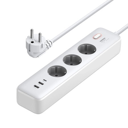 Ugreen CD286 Verlängerungskabel 3x AC 2x USB-A 1x USB-C 30W mit Schalter - Weiß