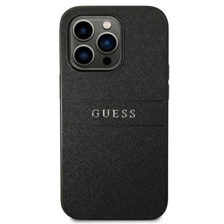 Guess Saffiano Metal Logo Stripes - Etui iPhone 14 Pro (czarny)