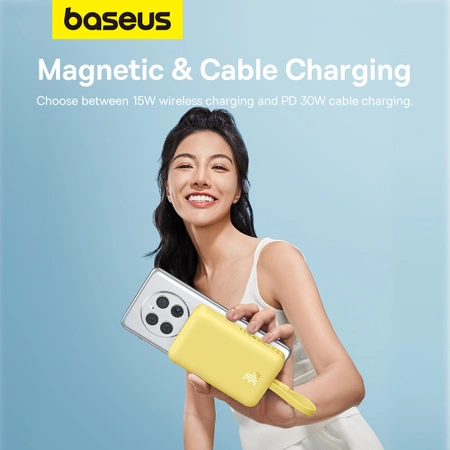 Baseus Magnetic Mini MagSafe 10000 mAh 30 W Powerbank mit integriertem Lightning Kabel – Gelb + Baseus Simple Series USB-C – USB-C 60 W 0,3 m Kabel