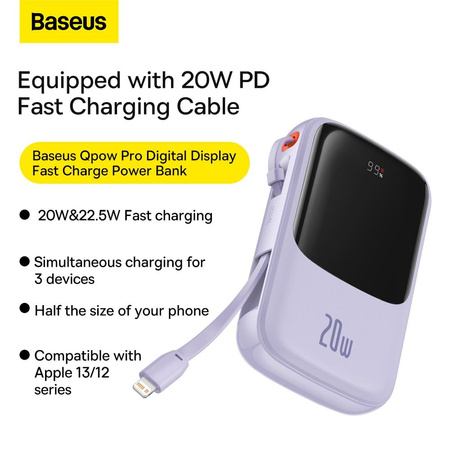 Baseus Qpow power bank 10000mAh built-in Lightning 20W Quick Charge cable SCP AFC FCP purple (PPQD020005)