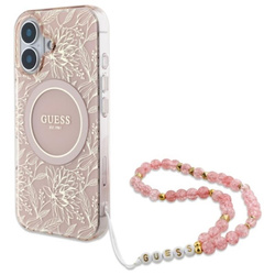 Guess IML Flowers Allover Electro With Pearl Strap MagSafe - Etui iPhone 16 (różowy)