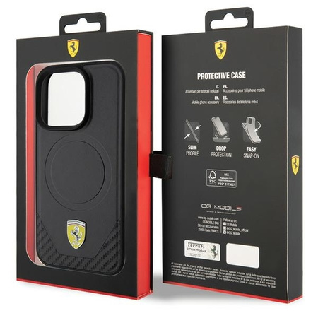 Ferrari Carbon Metal Logo MagSafe-Hülle für iPhone 15 Pro – Schwarz