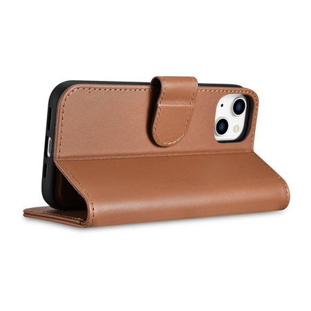 iCarer Wallet Case 2in1 etui iPhone 14 Plus skórzany pokrowiec z klapką Anti-RFID brązowy (WMI14220727-BN)