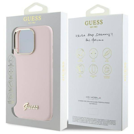 Oryginalne Etui IPHONE 16 PRO Guess Hardcase Silicone Script Metal Logo & Frame (GUHCP16LSMBSLP) różowe