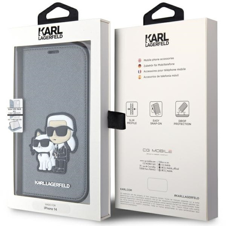 Karl Lagerfeld KLBKP14SSANKCPG iPhone 14 6.1" bookcase srebrny/silver Saffiano Karl & Choupette