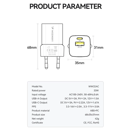 Wozinsky WWCEAC GaN USB-A USB-C 33W Wandladegerät – Weiß