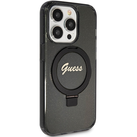 Guess Ring Stand Script Glitter MagSafe case for iPhone 15 Pro - black