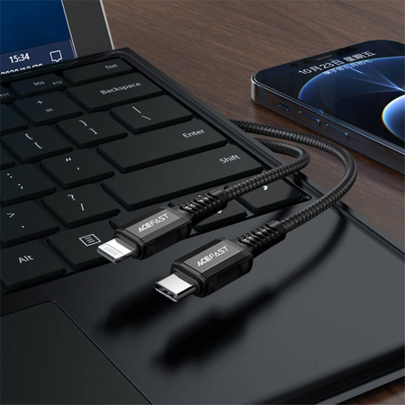 Kabel MFI USB-C - Apple Lightning 3A 1,2m Szybkie Ładowanie i Przesyłanie Danych Acefast Aluminium Alloy Charging Data Cable (C1-01) czarny