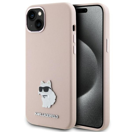 Karl Lagerfeld Choupette Metal Pin-Hülle aus Silikon für iPhone 15 – Rosa