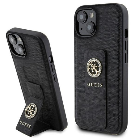 Guess Grip Stand 4G Saffiano Strass Hülle für iPhone 15 – Schwarz