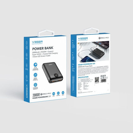 Bateria zewnętrzna (Powerbank) VEGER S20 - 20 000mAh LCD Quick Charge PD 22,5W czarny (W2053)