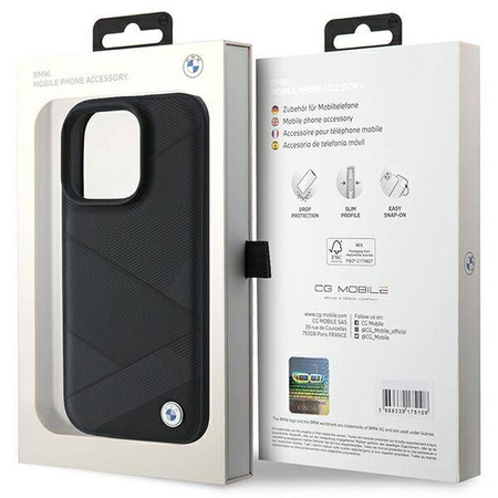 Original Handyhülle IPHONE 16 PRO BMW Hardcase Signature Leather Crossing Lines Pattern (BMHCP16L23RCGPK) schwarz