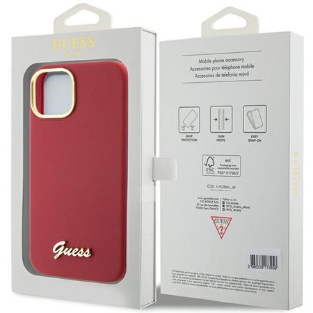 Etui Guess Silicone Script Metal Logo & Frame na iPhone 15 - czerwone