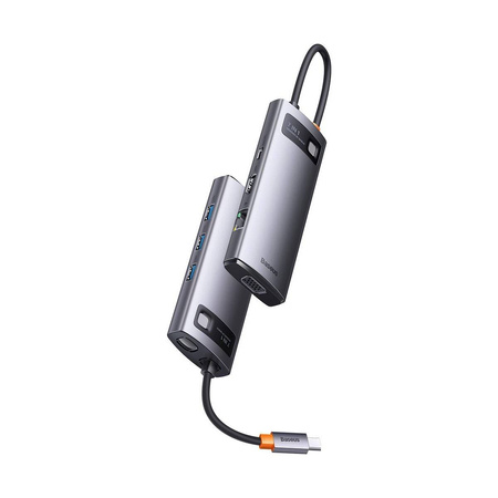 Baseus Metal Gleam Series stacja dokująca HUB 7 w 1 USB Typ C - 1 x HDMI / 1 x VGA / 3 x USB 3.2 Gen. 1 / 1 x Power Delivery / 1 x RJ-45 Ethernet szary (WKWG040013)