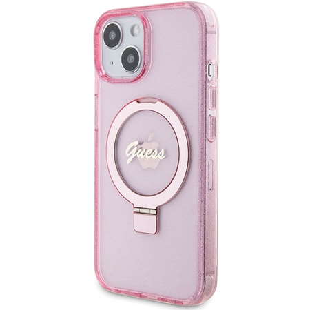 Guess Ring Stand Script Glitter MagSafe-Hülle für iPhone 15 Plus / 14 Plus – Rosa