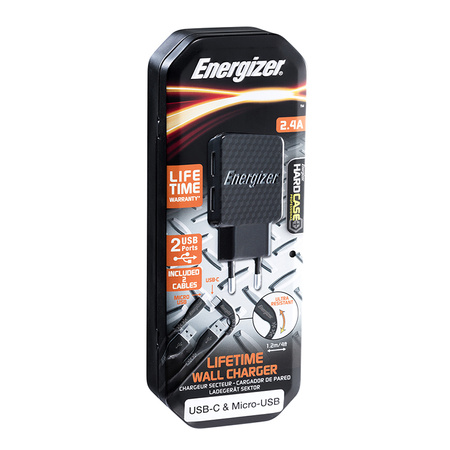 Energizer HardCase - Kompaktowa ładowarka sieciowa 2x USB-A + Kabel USB-C & Micro USB (Czarny)  dożywotnia gwarancja